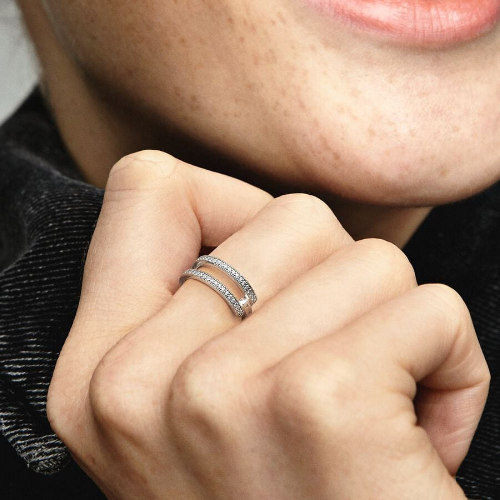 Pandora Anello Doppia Fascia Logo e Pavè