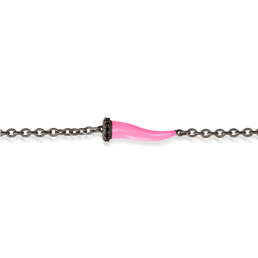 MANO-J - BRACCIALE CHARMS CON CORNETTO SMALTATO FUCSIA IN TITANIO, 5 BLACK E CATENA