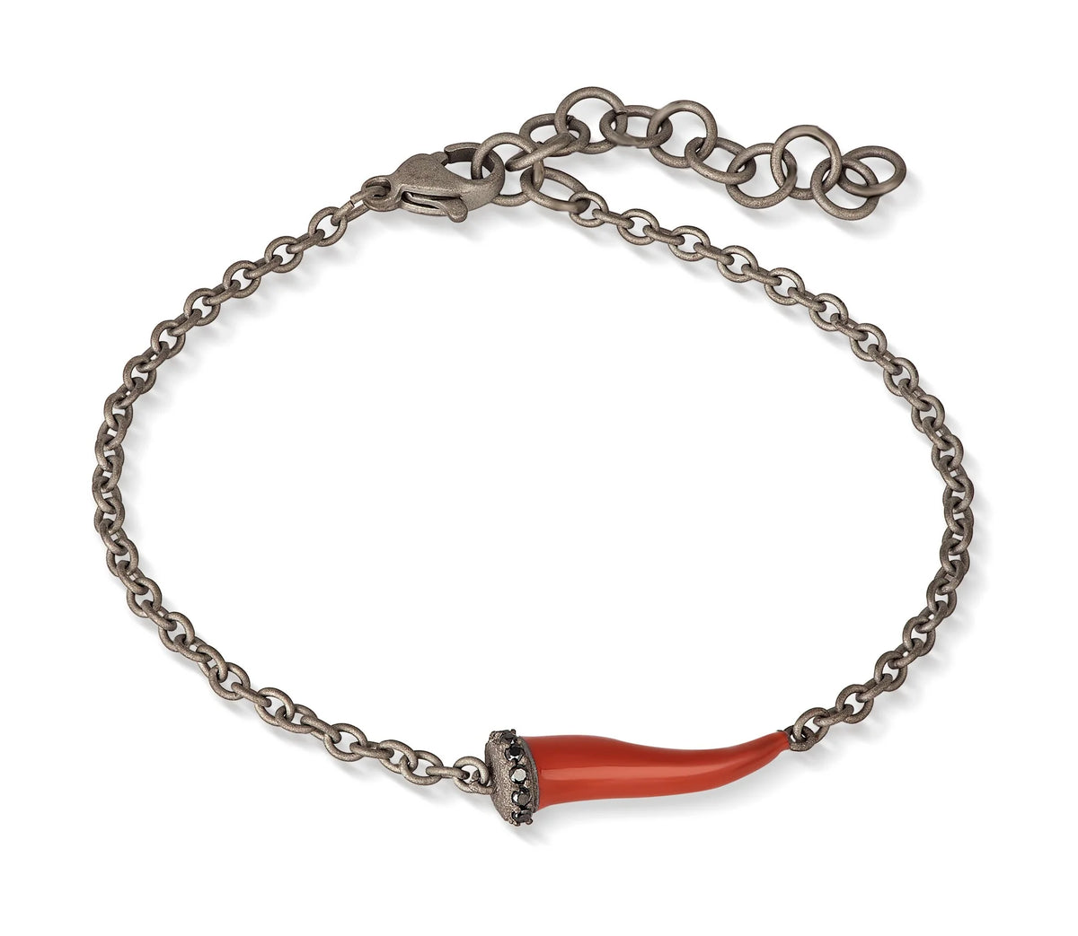 MANO-J - BRACCIALE CHARMS CON CORNETTO SMALTATO ROSSO IN TITANIO, 5 BLACK E CATENA