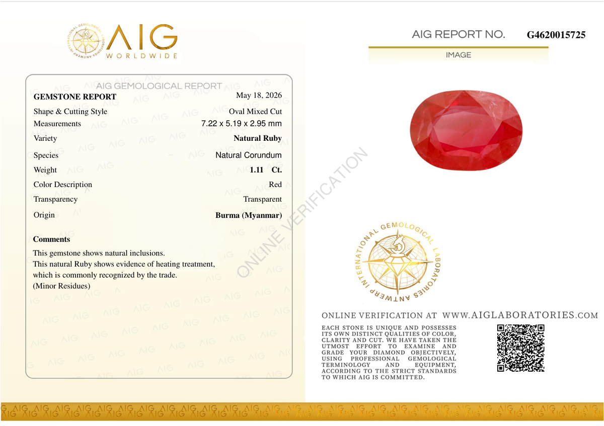 Rubino - Burma (Myanmar) - 1.11 ct