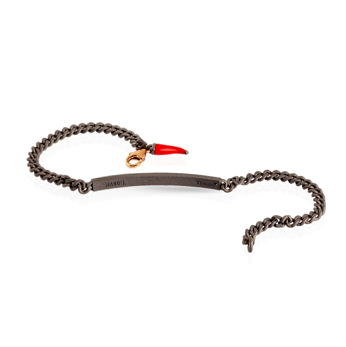 MANO-J - BRACCIALE UOMO IN TITANIO CON BARRETTA, DIAMANTI BLACK CON UNA CATENA GROUMETTE E ORO ROSSO 9KT