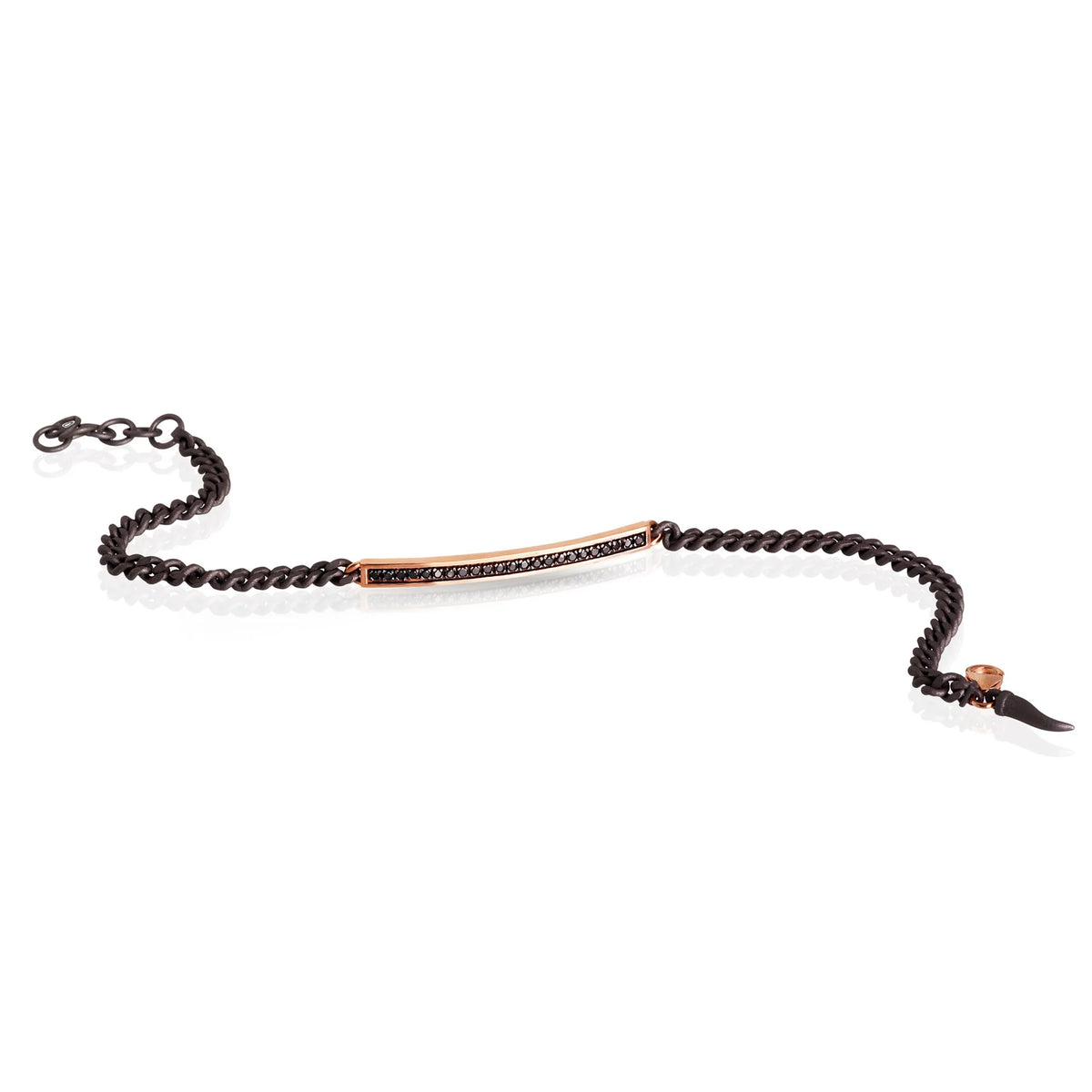 MANO-J - BRACCIALE UOMO CATENA GROUMETTE IN TITANIO, BARRETTA IN ORO ROSSO 9KT, DIAMANTI BLACK