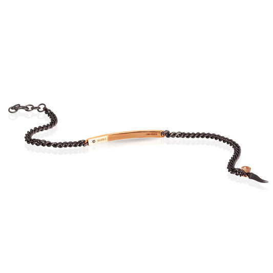 MANO-J - BRACCIALE UOMO CATENA GROUMETTE IN TITANIO, BARRETTA IN ORO ROSSO 9KT, DIAMANTI BLACK
