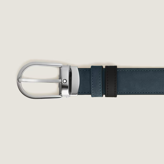 Montblanc - Cintura reversibile 30 mm in pelle blu velluto/nera con fibbia a ferro di cavallo