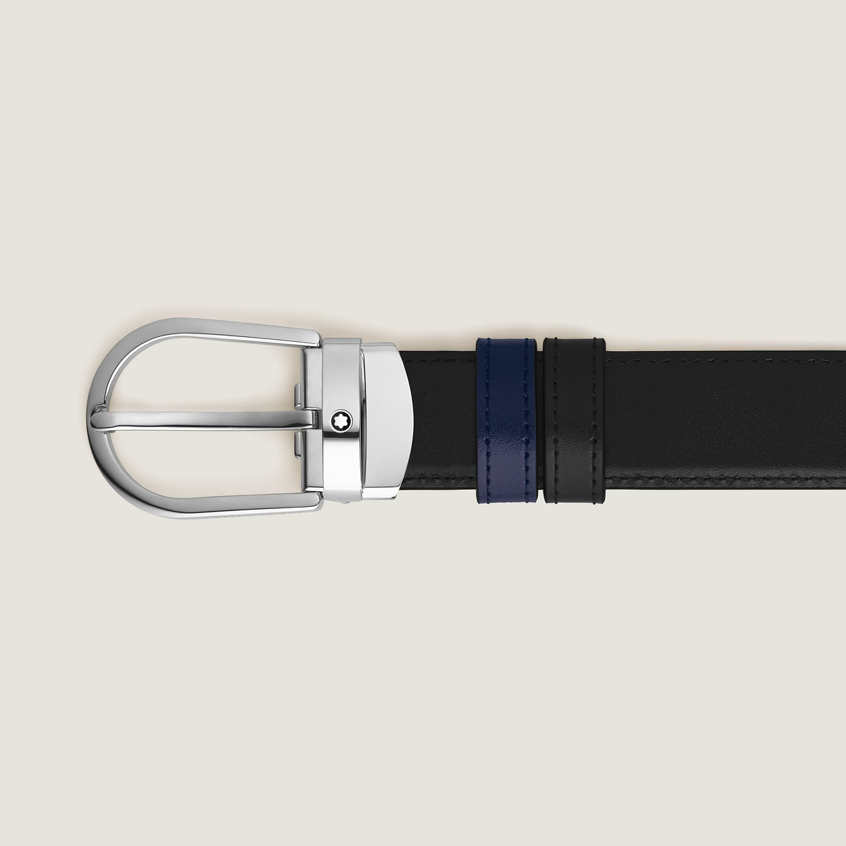 Montblanc - Cintura reversibile con fibbia a ferro di cavallo 30 mm in pelle nera/blu inchiostro