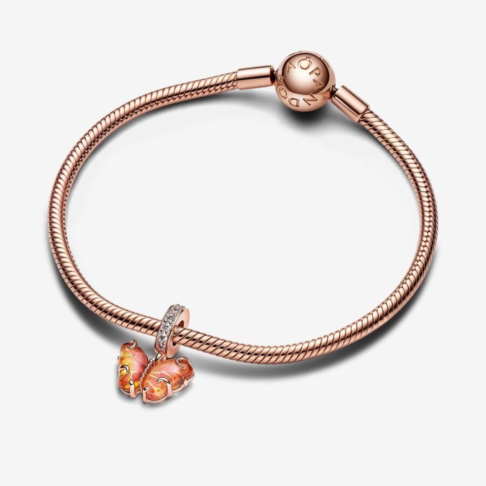 Pandora Charm Pendente Farfalla Vetro di Murano Arancione e Rosa