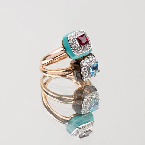 Falcinelli Anello Le BonBons Topazio quadrato azzurro, Quarzo fumè e Diamanti