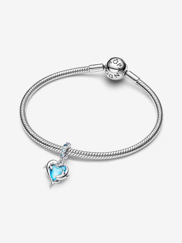 Pandora Charm pendentre Delfini e Cuore Vetro di Murano