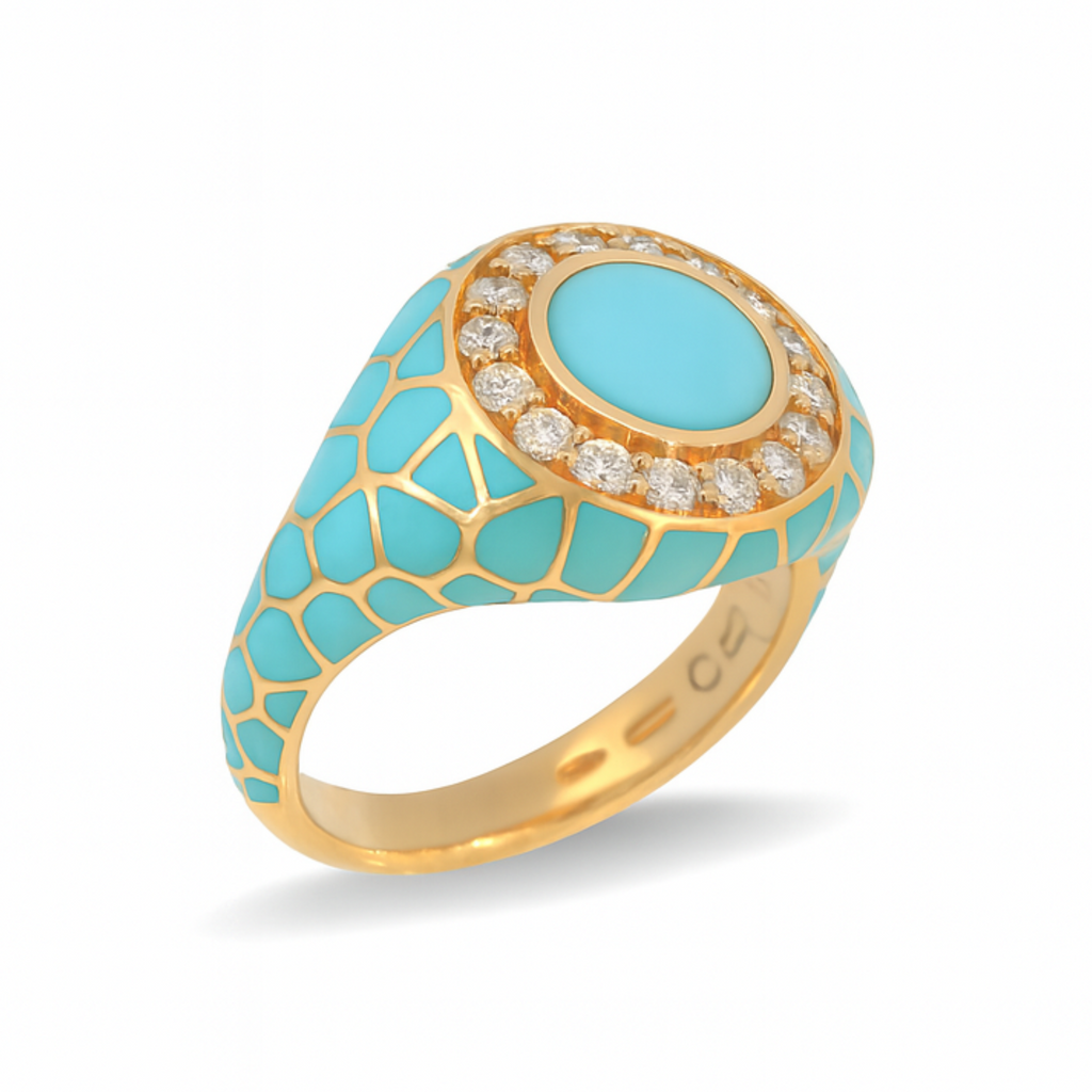 Crivelli Anello chevalier in oro rosa e smalto con turchese e diamanti