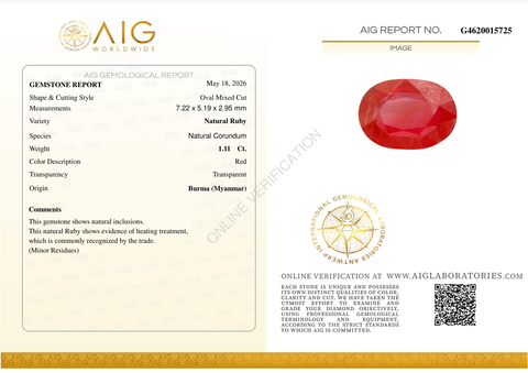 Rubino - Burma (Myanmar) - 1.11 ct