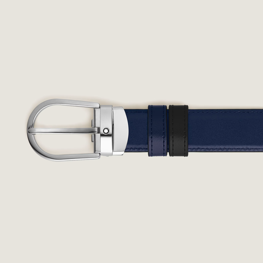 Montblanc -  Cintura reversibile con fibbia a ferro di cavallo 30 mm in pelle nera/blu inchiostro