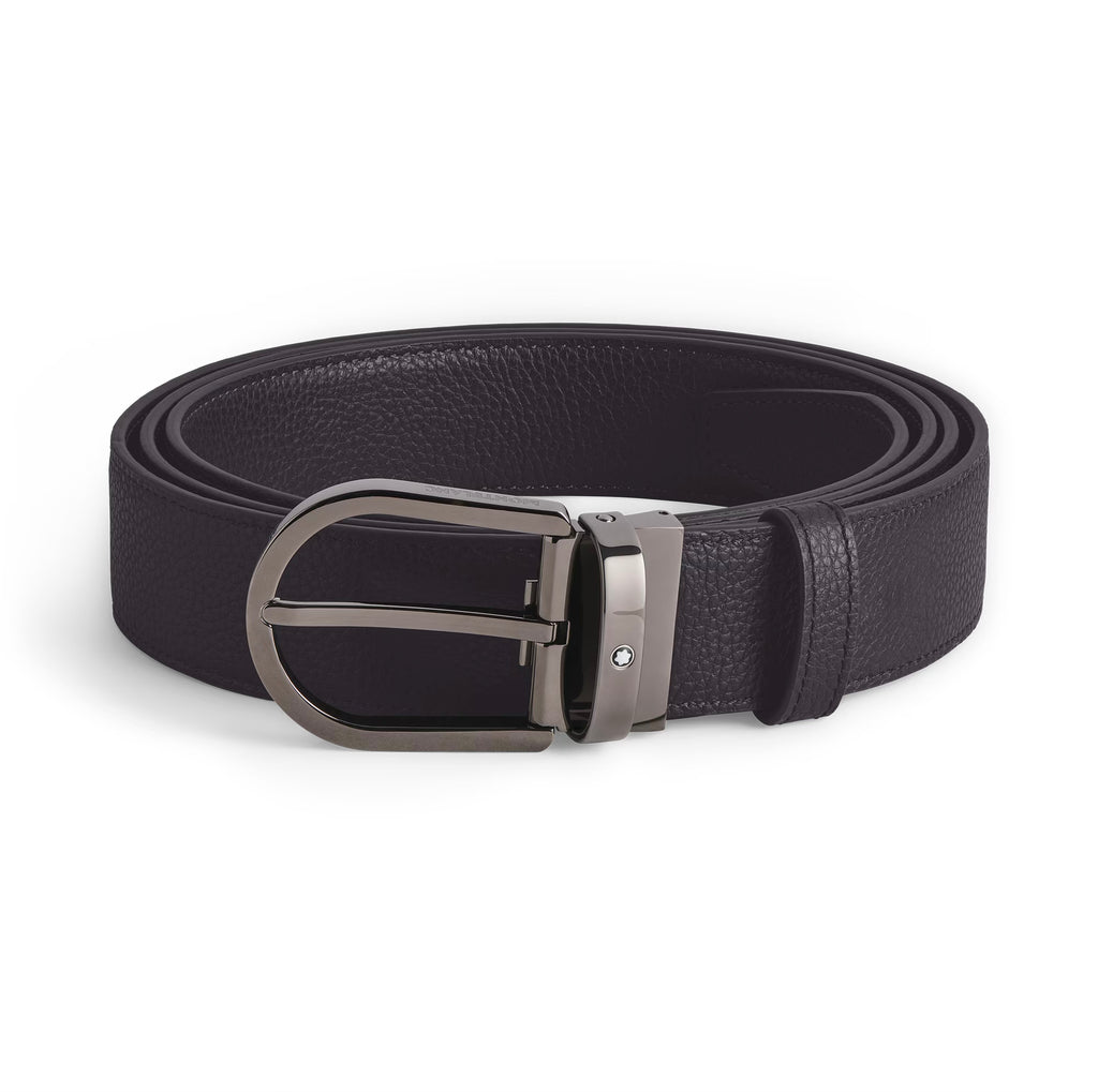 Montblanc - Cintura reversibile 35 mm in pelle blu notte/nera con fibbia a ferro di cavallo