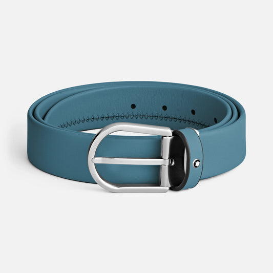 Montblanc - Cintura da 35 mm in pelle blu fumé con fibbia a ferro di cavallo