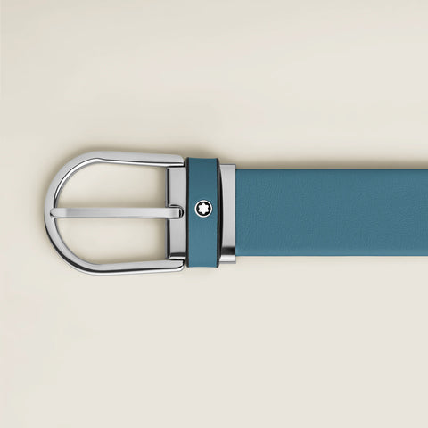 Montblanc - Cintura da 35 mm in pelle blu fumé con fibbia a ferro di cavallo