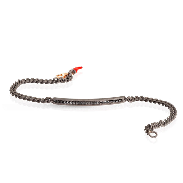 MANO-J - BRACCIALE UOMO IN TITANIO CON BARRETTA, DIAMANTI BLACK CON UNA CATENA GROUMETTE E ORO ROSSO 9KT