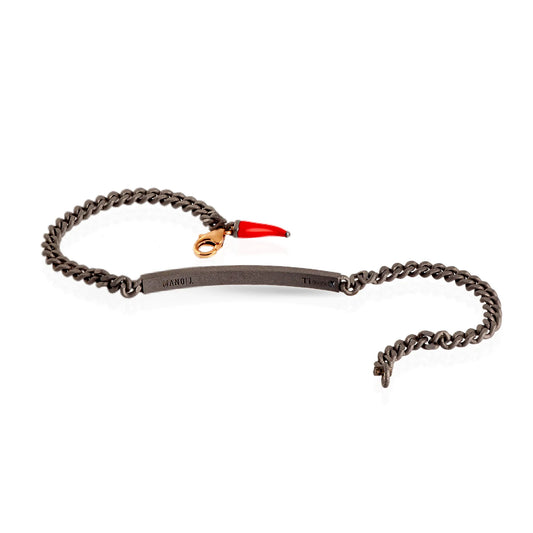 MANO-J - BRACCIALE UOMO IN TITANIO CON BARRETTA, DIAMANTI BLACK CON UNA CATENA GROUMETTE E ORO ROSSO 9KT