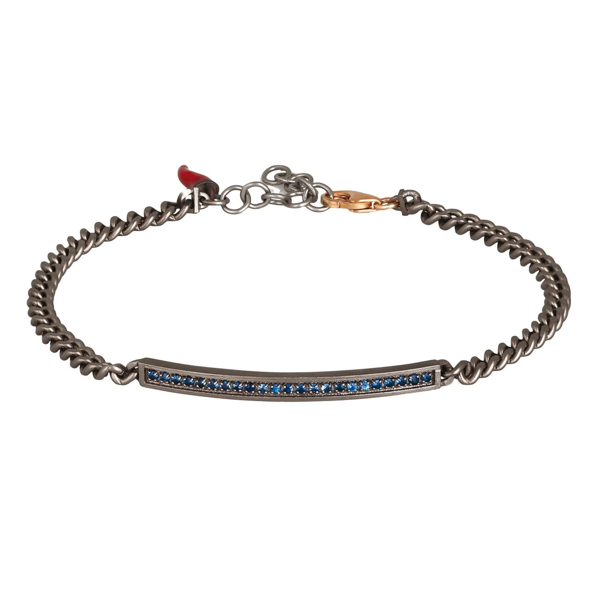 MANO-J - BRACCIALE UOMO IN TITANIO CON BARRETTA, ZAFFIRI BLU CON UNA CATENA GROUMETTE E ORO ROSSO 9KT