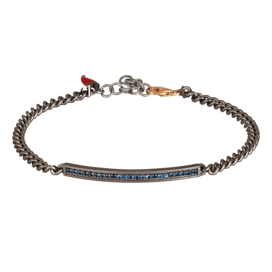 MANO-J - BRACCIALE UOMO IN TITANIO CON BARRETTA, ZAFFIRI BLU CON UNA CATENA GROUMETTE E ORO ROSSO 9KT