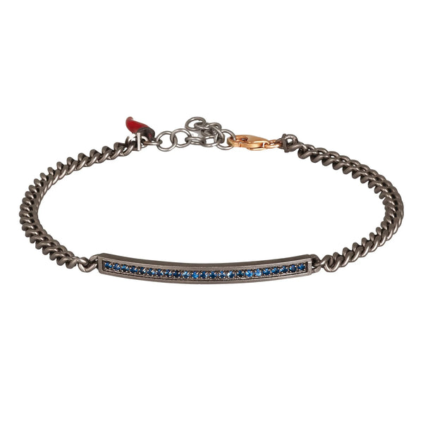 MANO-J - BRACCIALE UOMO IN TITANIO CON BARRETTA, ZAFFIRI BLU CON UNA CATENA GROUMETTE E ORO ROSSO 9KT