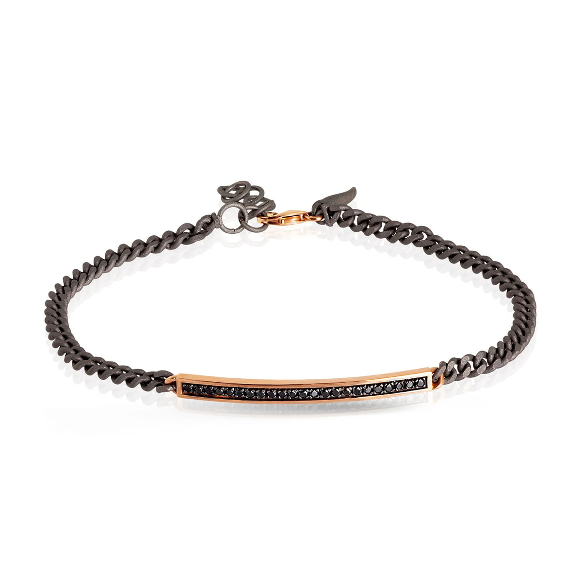 MANO-J - BRACCIALE UOMO CATENA GROUMETTE IN TITANIO, BARRETTA IN ORO ROSSO 9KT, DIAMANTI BLACK