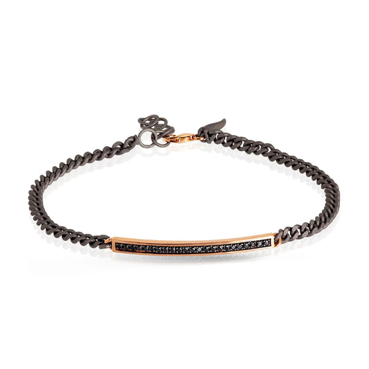 MANO-J - BRACCIALE UOMO CATENA GROUMETTE IN TITANIO, BARRETTA IN ORO ROSSO 9KT, DIAMANTI BLACK