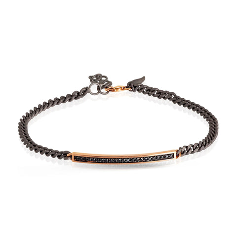 MANO-J - BRACCIALE UOMO CATENA GROUMETTE IN TITANIO, BARRETTA IN ORO ROSSO 9KT, DIAMANTI BLACK