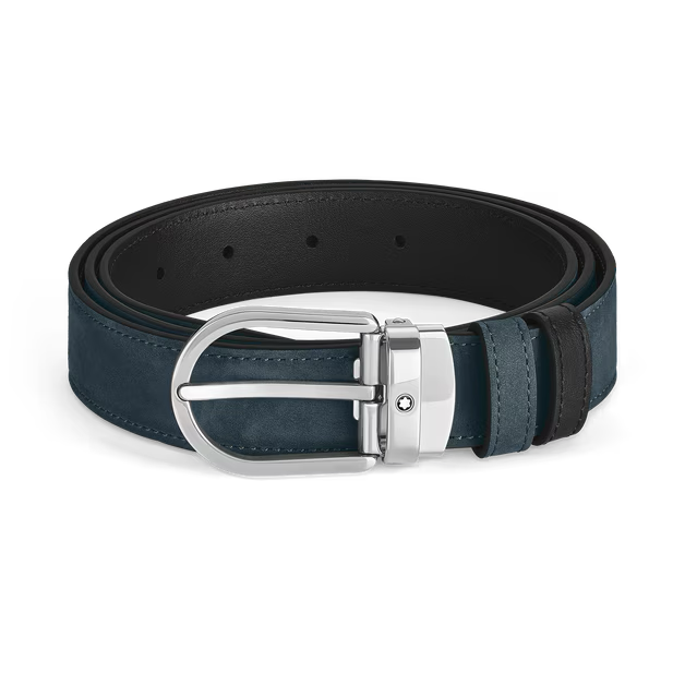 Montblanc -  Cintura reversibile 30 mm in pelle blu velluto/nera con fibbia a ferro di cavallo