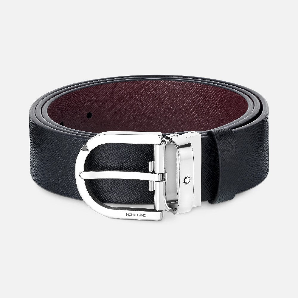 Montblanc - Cintura reversibile in pelle stampata nera/mosto da 35 mm con fibbia a ferro di cavallo