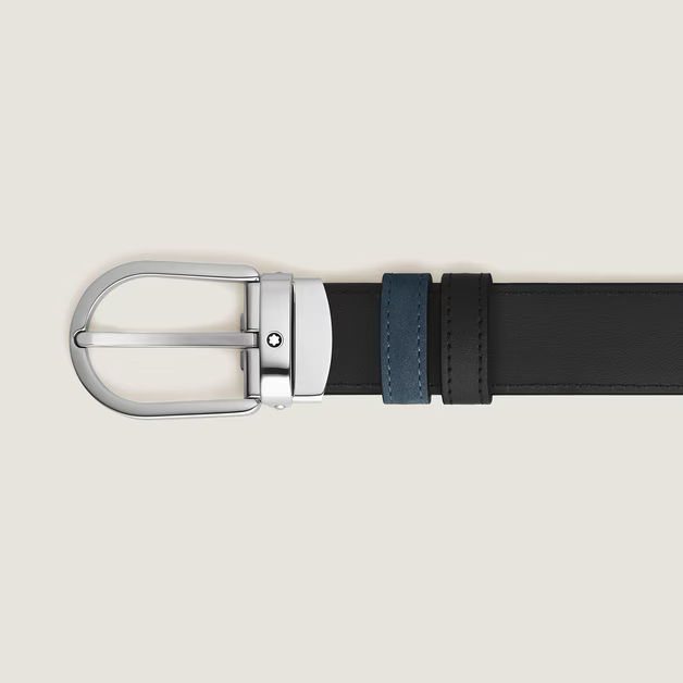 Montblanc -  Cintura reversibile 30 mm in pelle blu velluto/nera con fibbia a ferro di cavallo