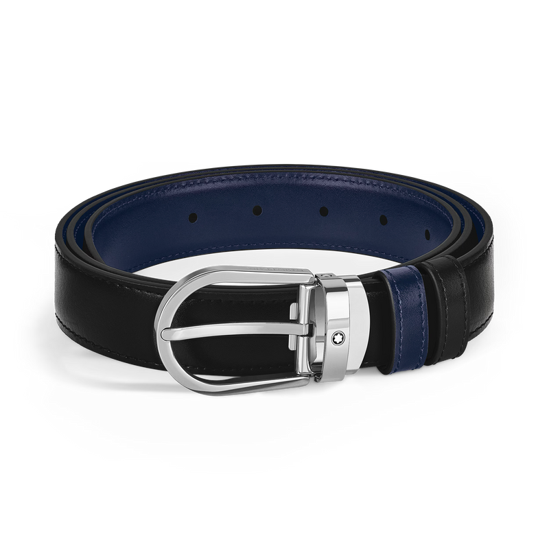 Montblanc -  Cintura reversibile con fibbia a ferro di cavallo 30 mm in pelle nera/blu inchiostro
