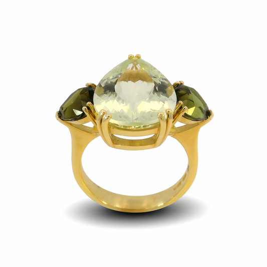 COZZARI 1946 - Anello Artigianale con Berillo Giallo e Tormaline Verdi.