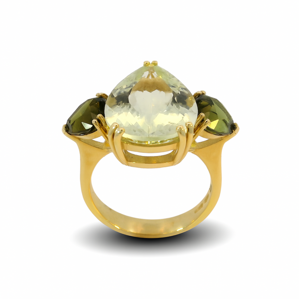 COZZARI 1946 - Anello Artigianale con Berillo Giallo e Tormaline Verdi.