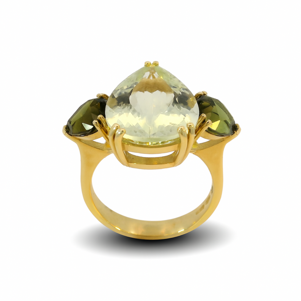 COZZARI 1946 - Anello Artigianale con Berillo Giallo e Tormaline Verdi.