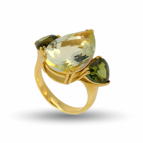 COZZARI 1946 - Anello Artigianale con Berillo Giallo e Tormaline Verdi.