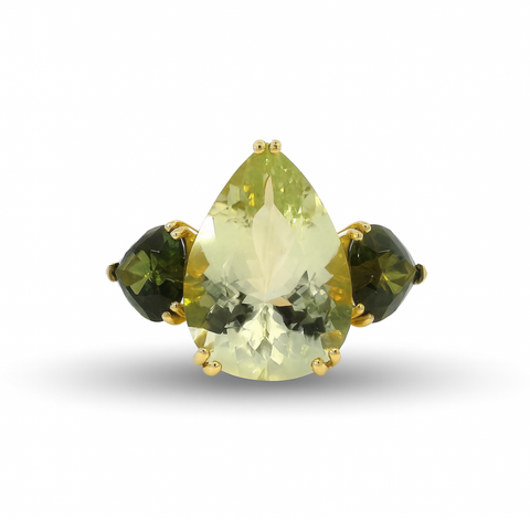 COZZARI 1946 - Anello Artigianale con Berillo Giallo e Tormaline Verdi.