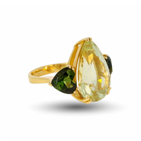 COZZARI 1946 - Anello Artigianale con Berillo Giallo e Tormaline Verdi.