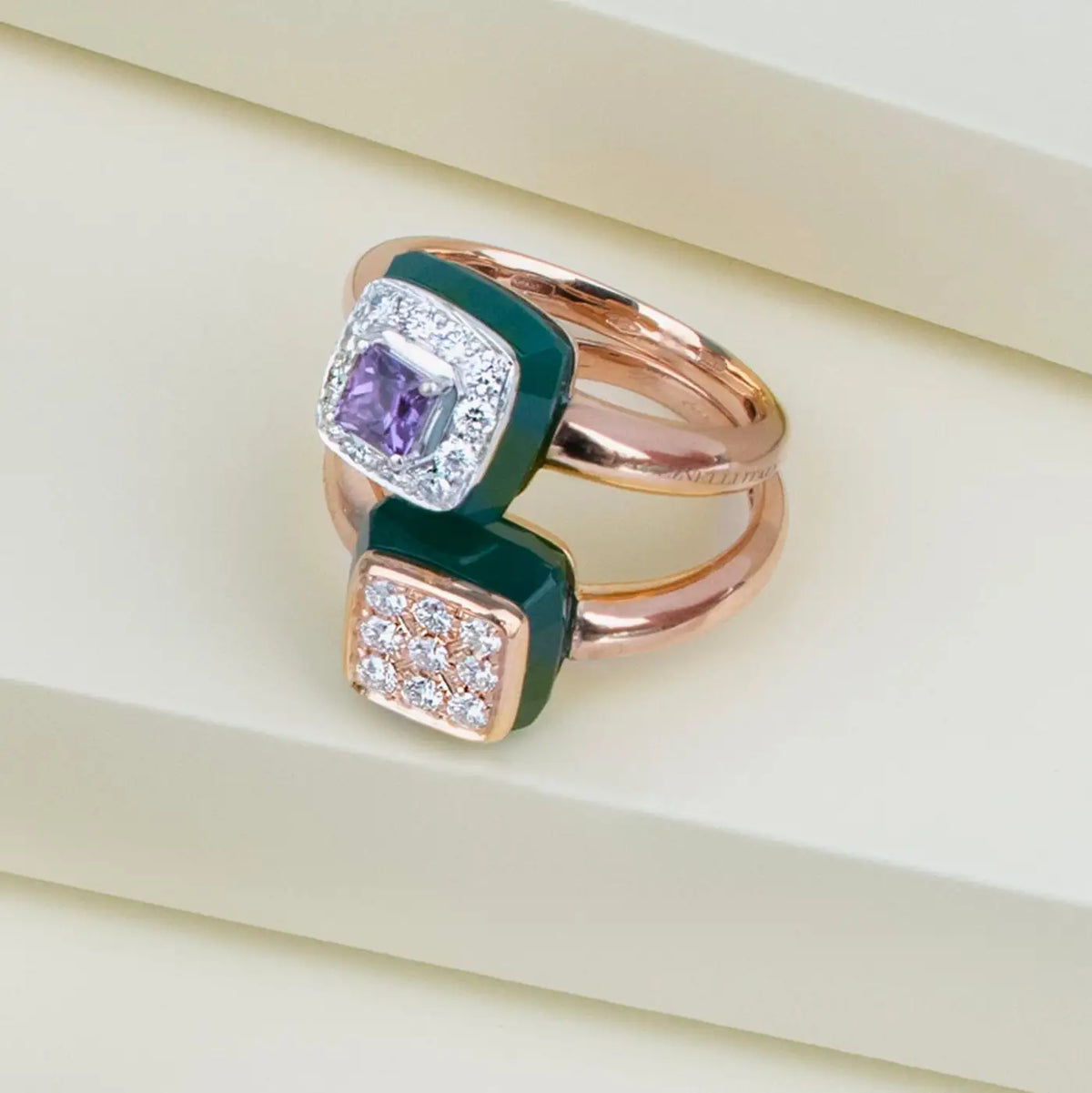 Falcinelli Anello Le BonBons Ametista quadrata, Onice verde e Diamanti