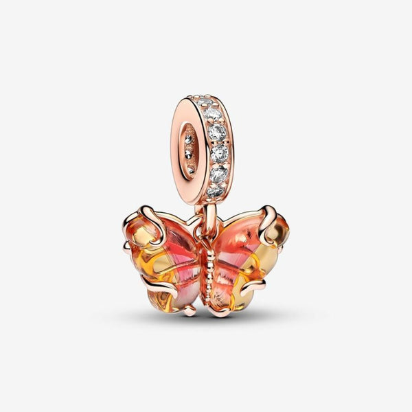 Pandora Charm Pendente Farfalla Vetro di Murano Arancione e Rosa
