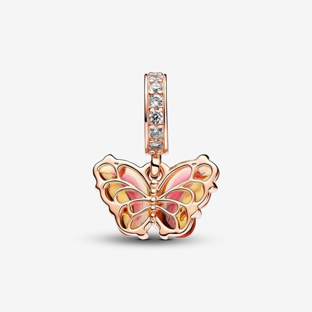 Pandora Charm Pendente Farfalla Vetro di Murano Arancione e Rosa