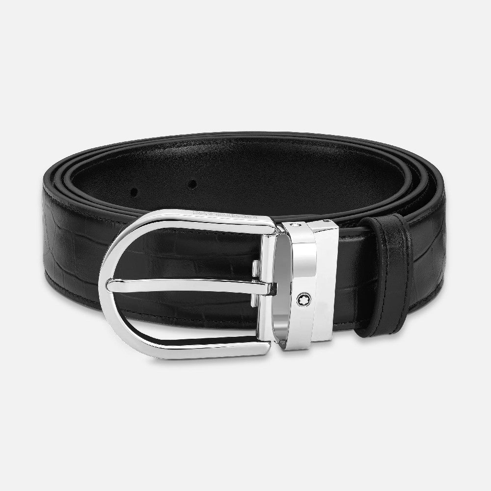 Montblanc - Cintura da 35 mm con fibbia a ferro di cavallo reversibile in pelle nera liscia e stampata