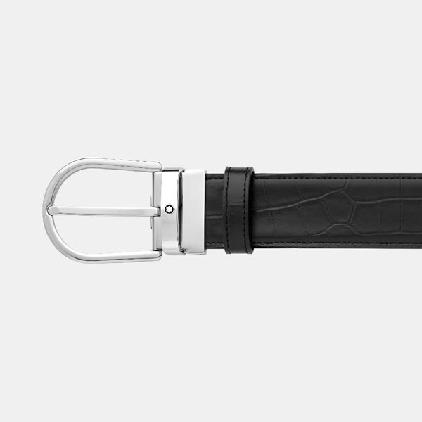 Montblanc - Cintura da 35 mm con fibbia a ferro di cavallo reversibile in pelle nera liscia e stampata