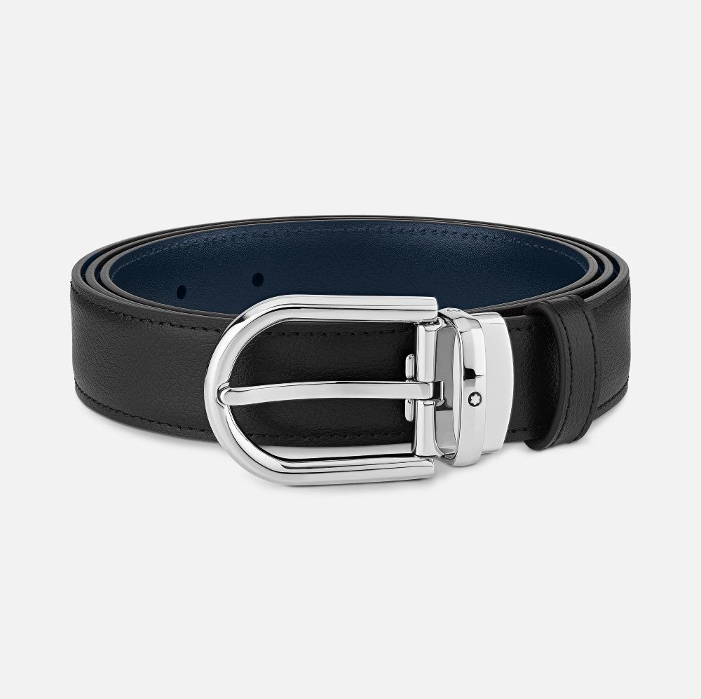 Montblanc - Cintura reversibile in pelle nera/blu 30mm con fibbia a ferro di cavallo