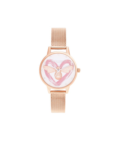 Olivia Burton - You Have My Heart Lucky Bee, Silver & Rose Gold Mesh